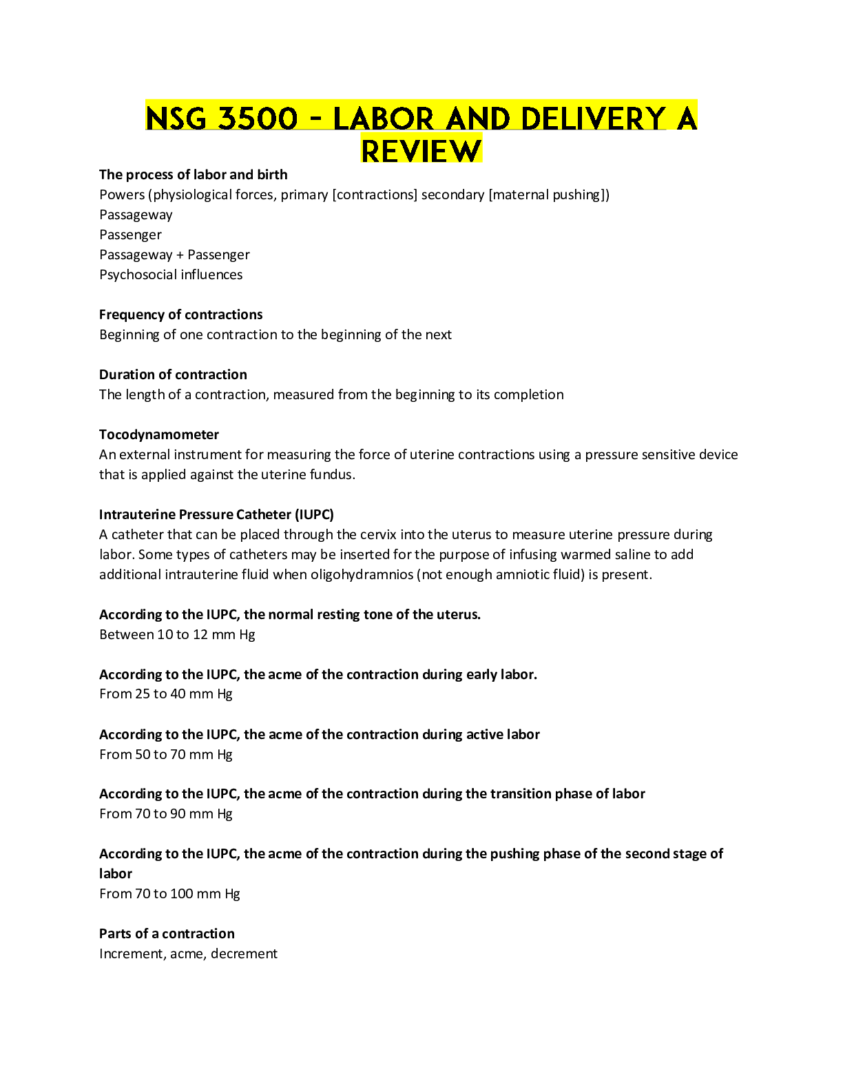 Preview image for NSG 3500 - Labor and Delivery - A Review